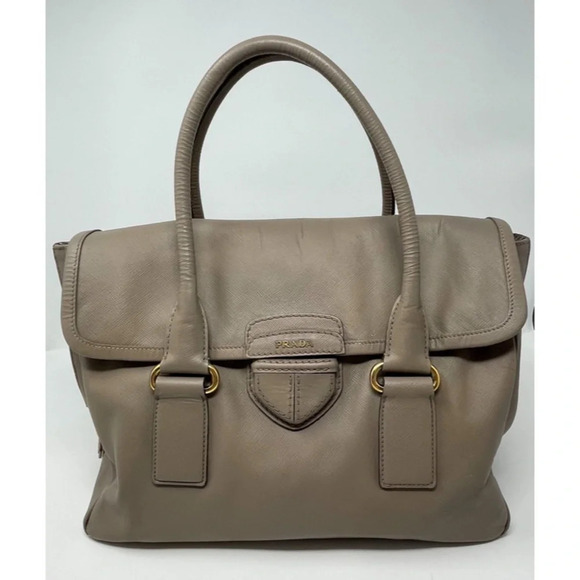 Prada Pattina Flap Satchel Saffiano Leather Medium Bag Purse  Taupe - Picture 1 of 16